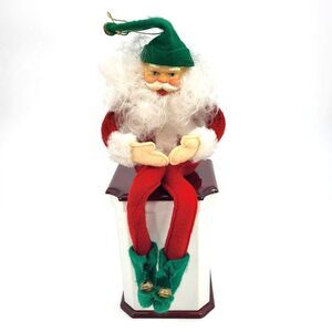 Vintage Felt Santa Knee Hugger Bendable Shelf Sitter Plastic Face MCM Ornament